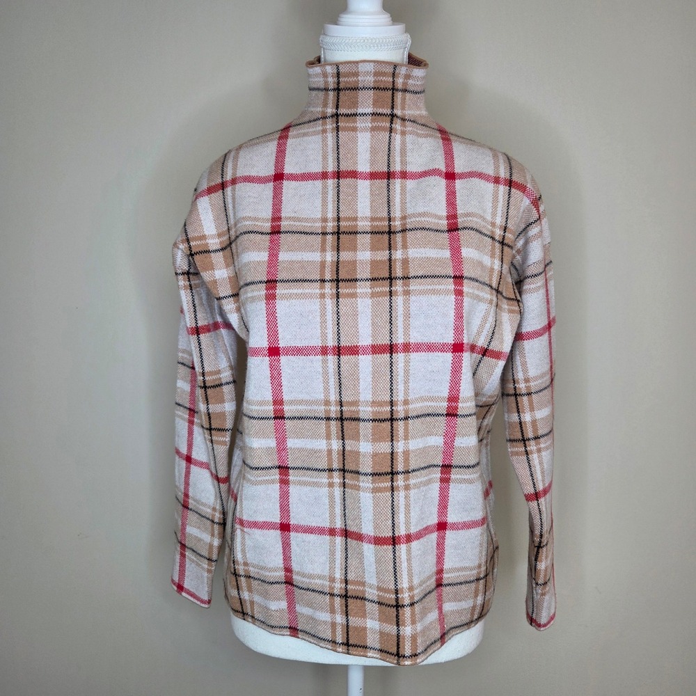 Tahari Womens Plaid Mock Neck Sweater Tan Red Cream‎ Knit Top Size Small